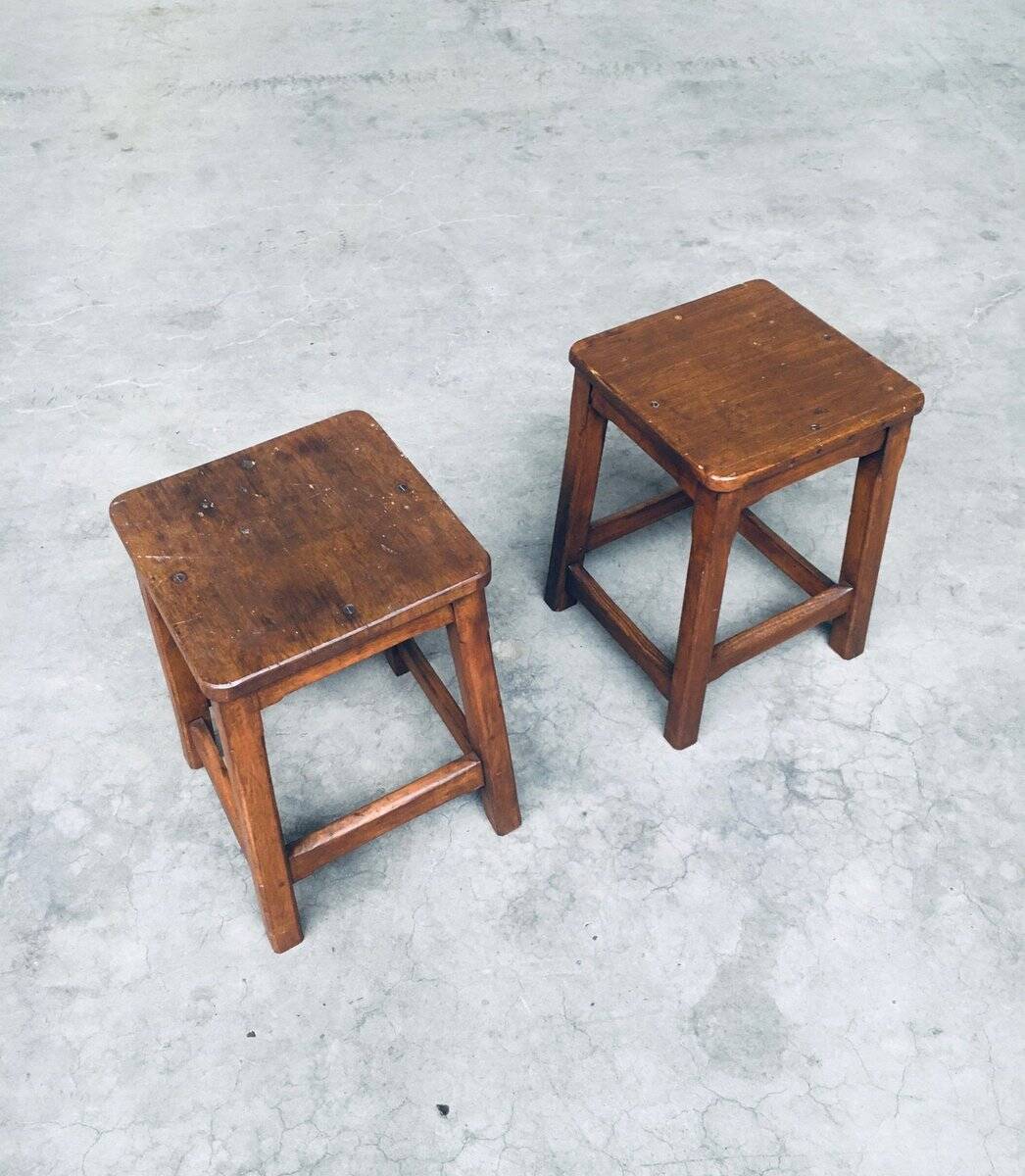 Set of Belgian Handcrafted Wooden Stools, 1940s