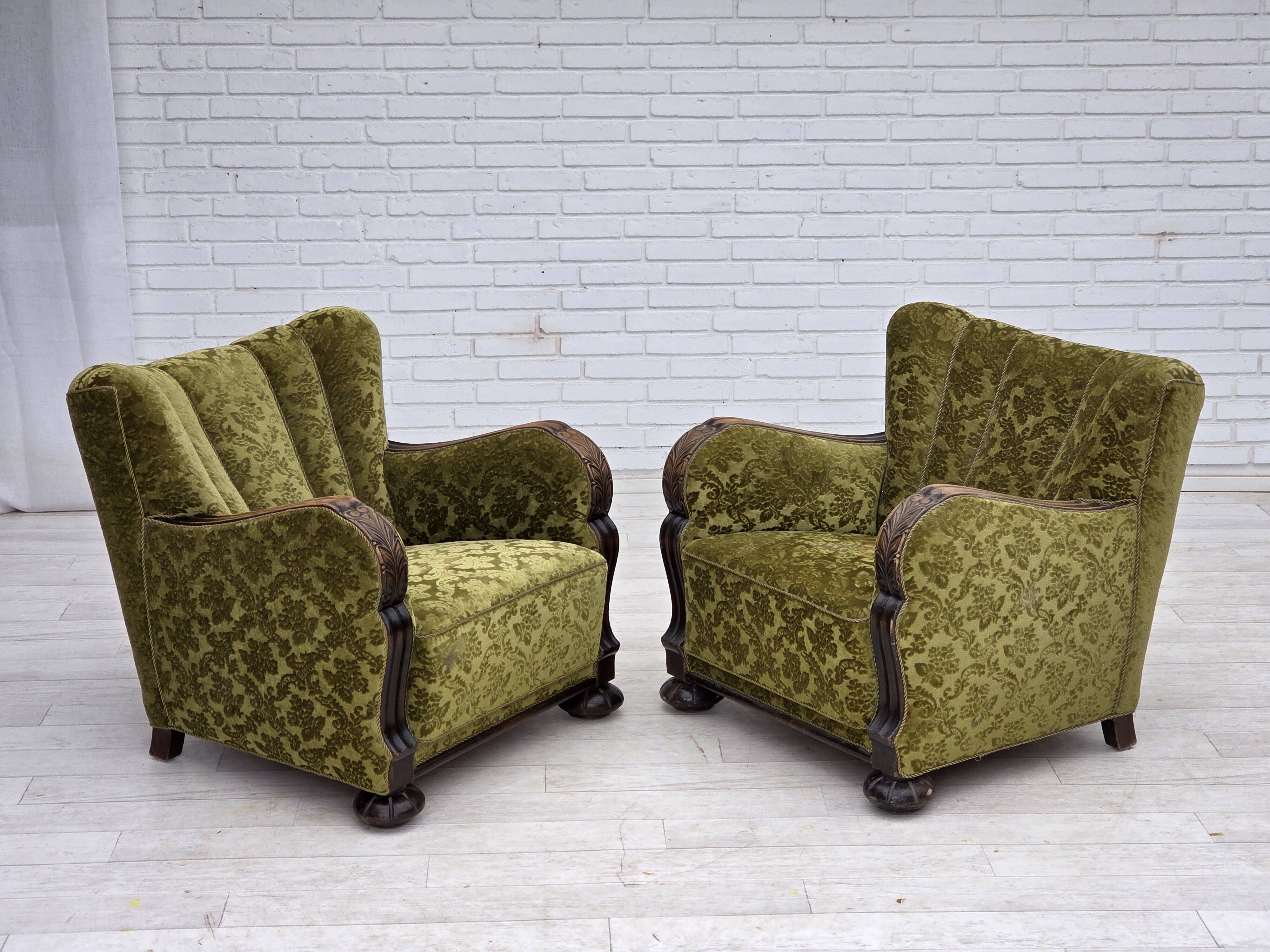 1950s, Danish relax chair, furniture velour, oak wood.