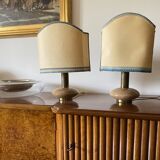 Ensemble de 2 pieds de lampes de table Hollywood Regency en granit rose et laiton, Italie 1970