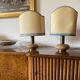 Ensemble de 2 pieds de lampes de table Hollywood Regency en granit rose et laiton, Italie 1970