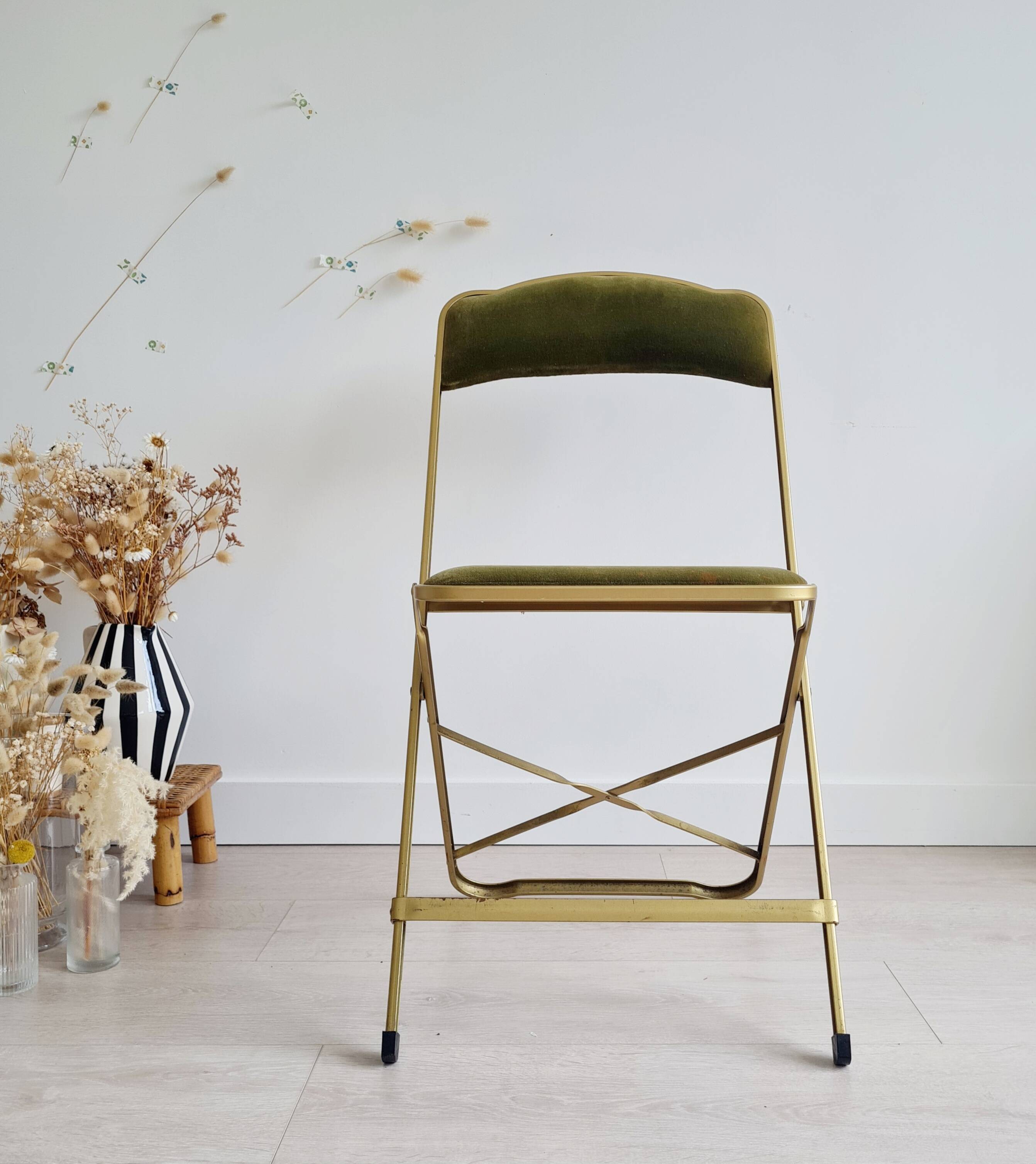 Chaise pliante ancienne velours vert