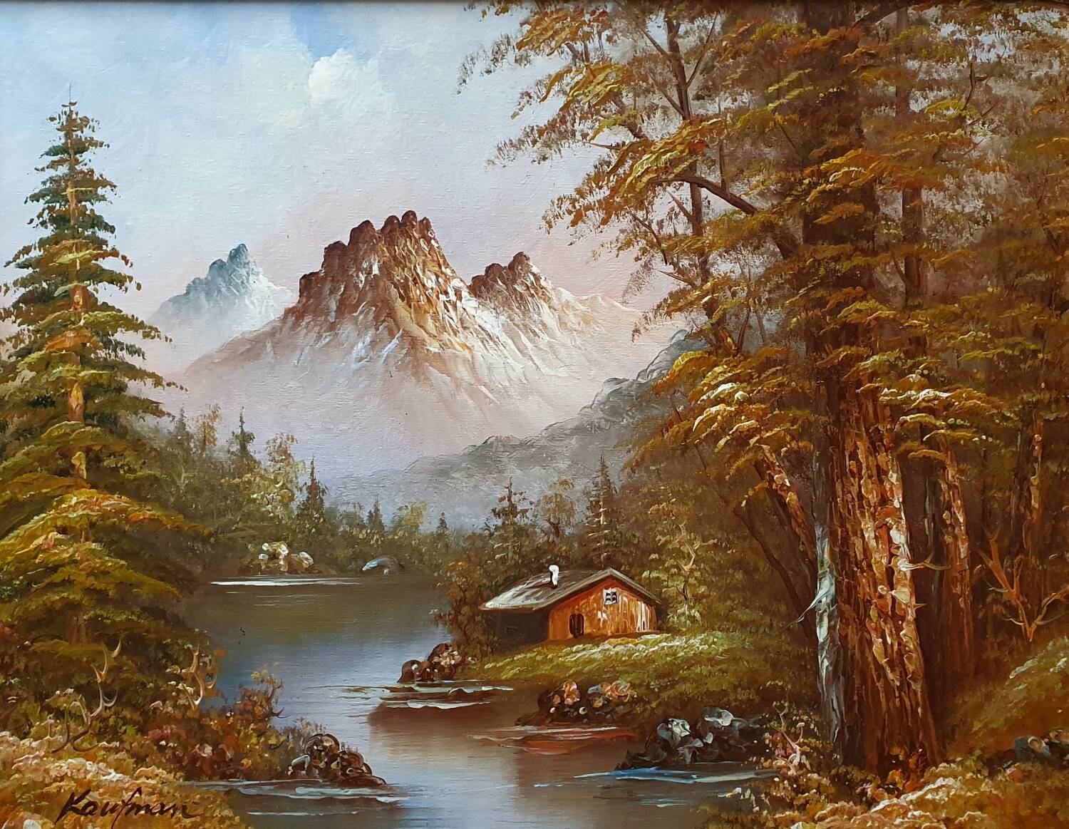 Tableau huile sur toile chalet dans la montagne signé Kaufman
