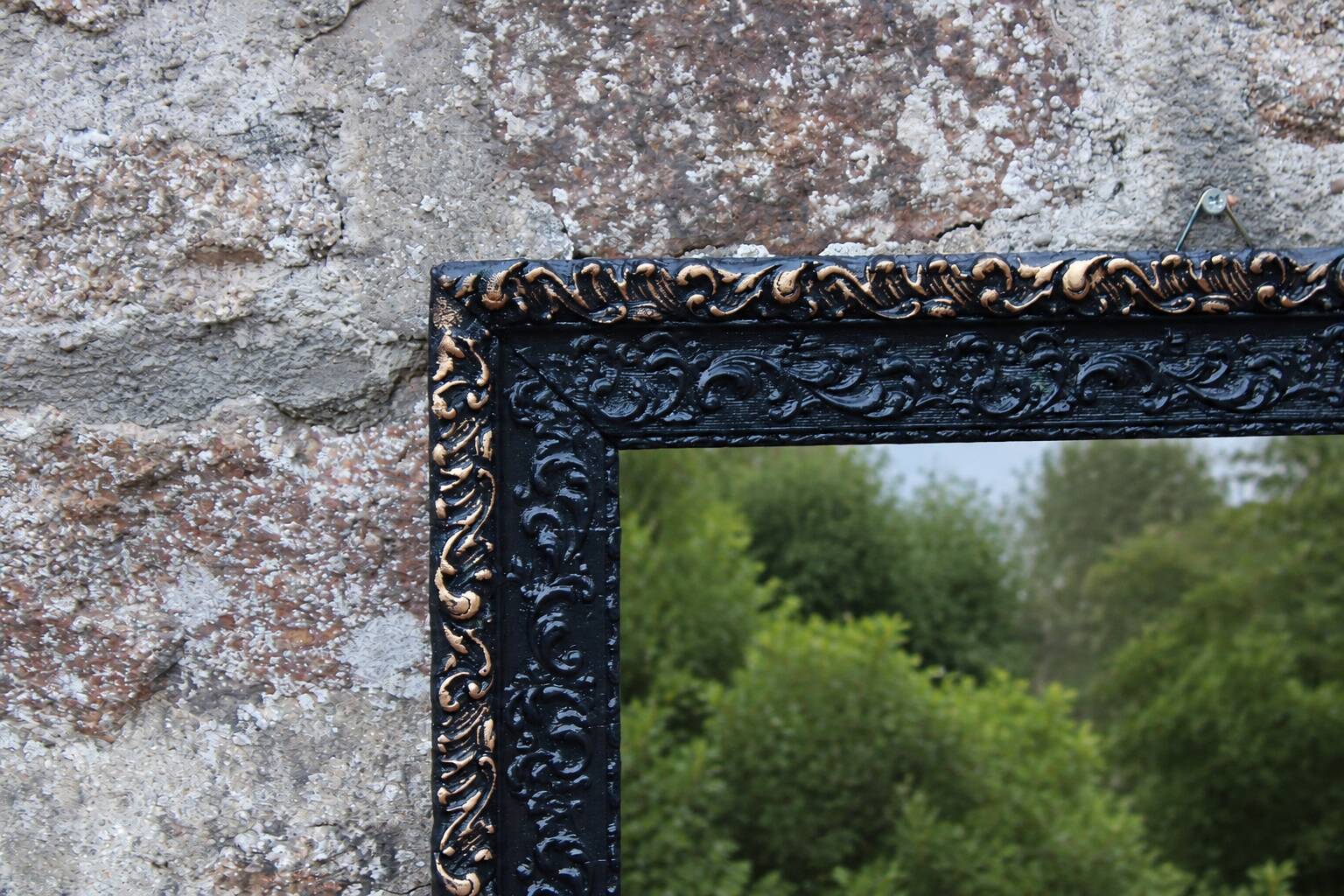 Vintage wooden and stucco mirror in patinated midnight blue with gold – baroque style – 51 ×