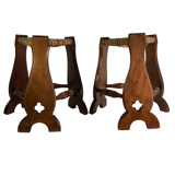 Pair of brutalist neo gothic rush oak tripod stools, France ca 1960s