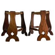 Pair of brutalist neo gothic rush oak tripod stools, France ca 1960s