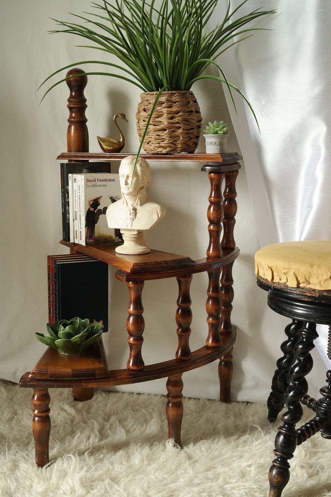 Vintage Beech Library Staircase Shelf