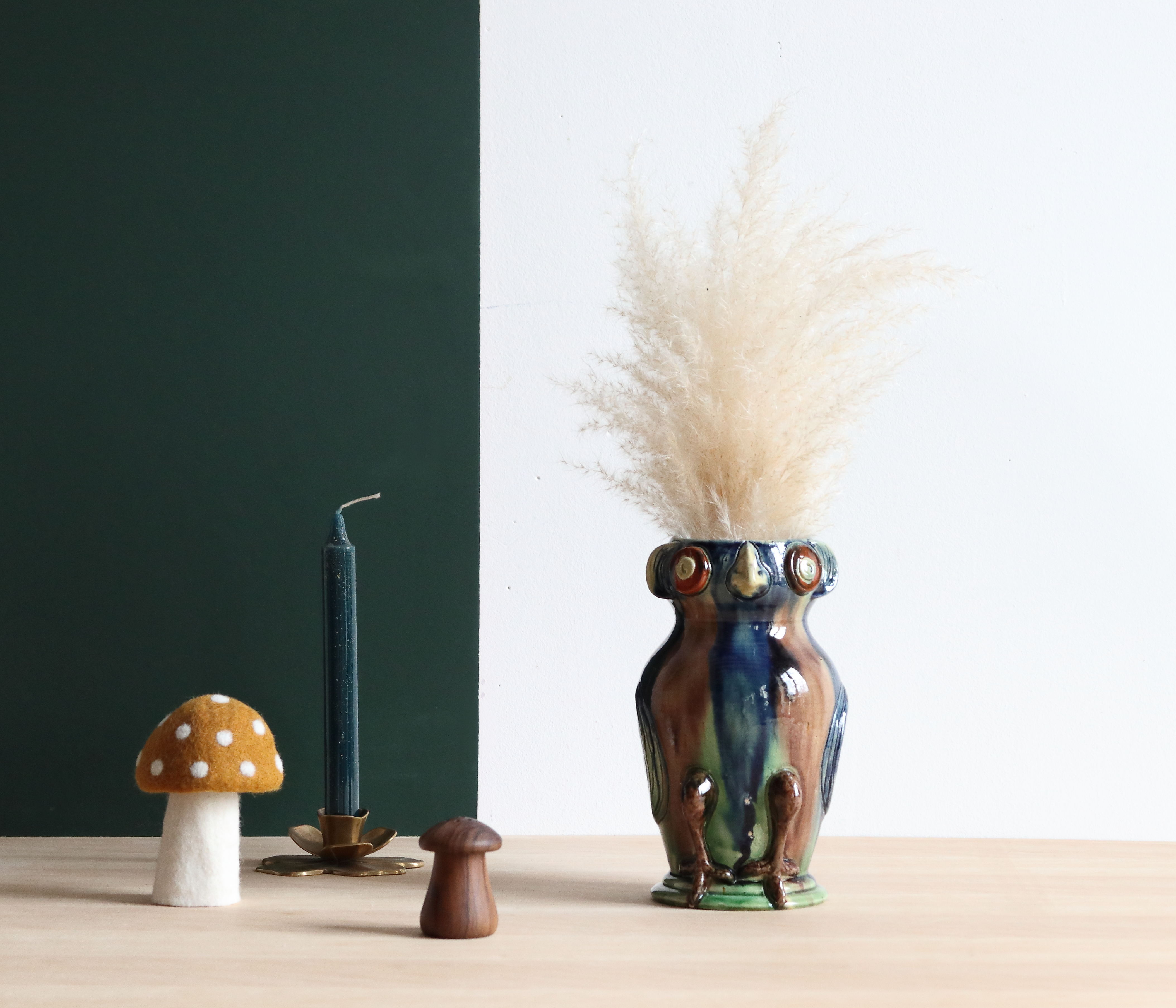 Zoomorphic ceramic owl vase in Flanders earth, Torhout Belgium, Art Nouveau period