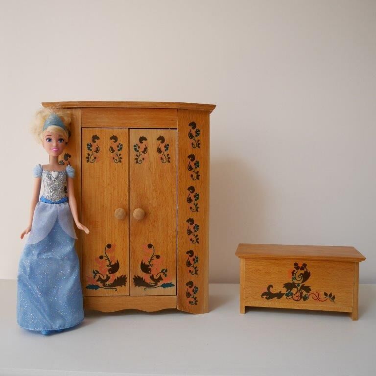 Wooden doll furniture, wardrobe and chest