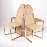Set of 4 vintage chairs in gilded metal and wicker