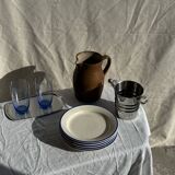 Set consisting of 6 beige flat plates with a blue rim + 3 deep plates.