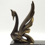 French Art Deco Bronzed Effect Spelter Swan Book Ends Black Marble Base