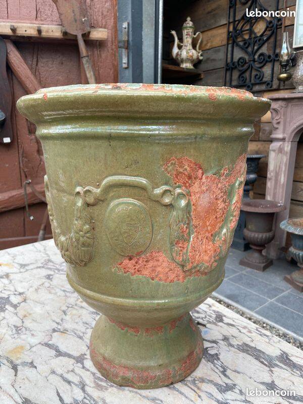 Antique French enamelled earthenware planter or pot