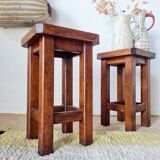 Pair of brutalist wooden stools, bedside tables.