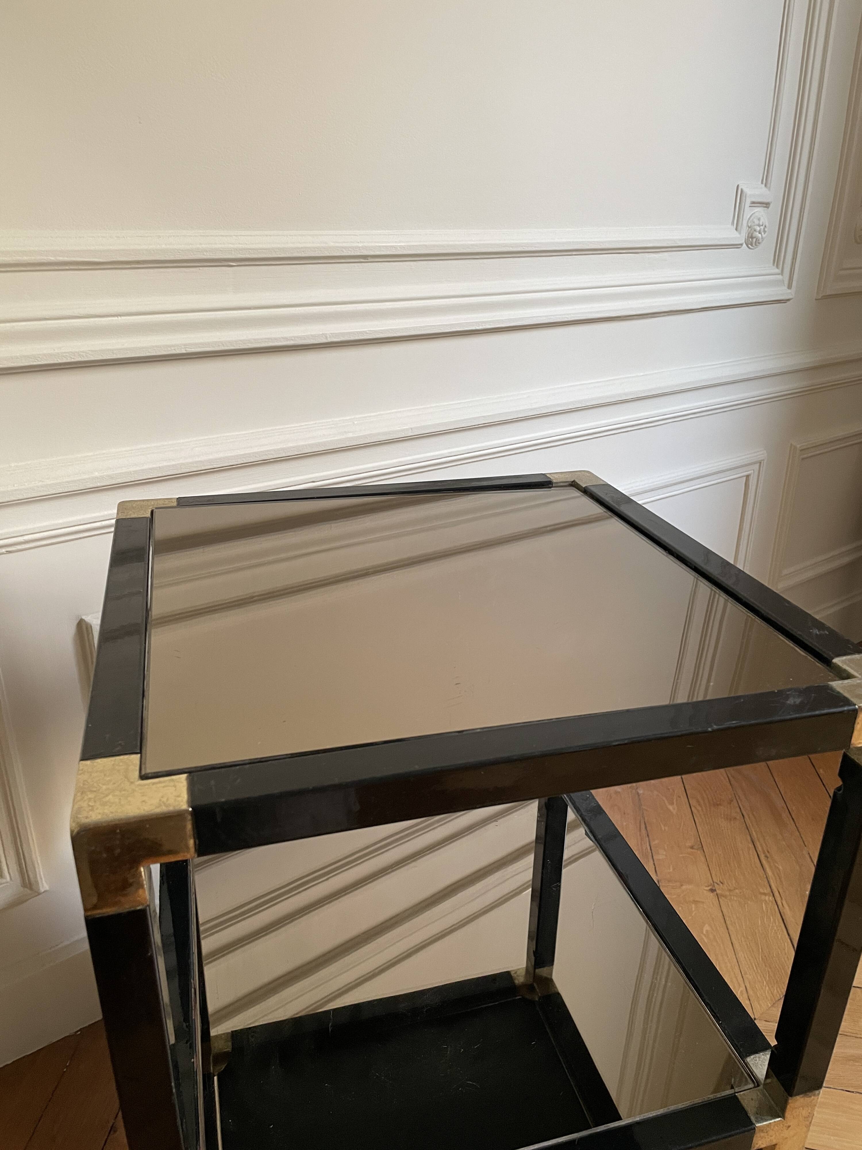 Pair of vintage metal and smoked glass side tables