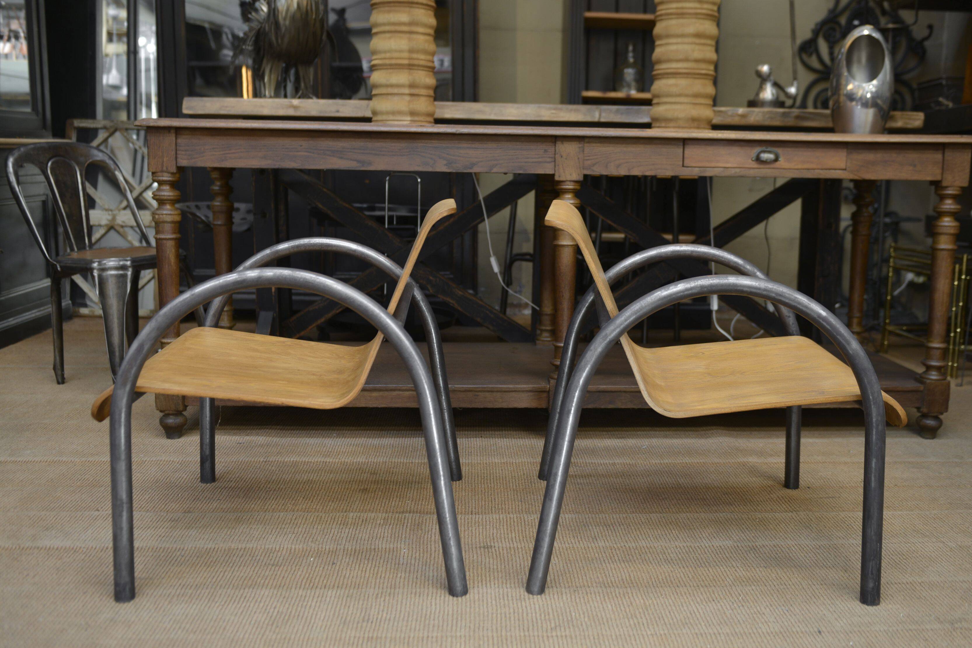 Pair of Vintage Design Armchairs in Metal and Wood, 1950s