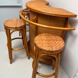 Rattan and bamboo bar and 3 stools from the 60s