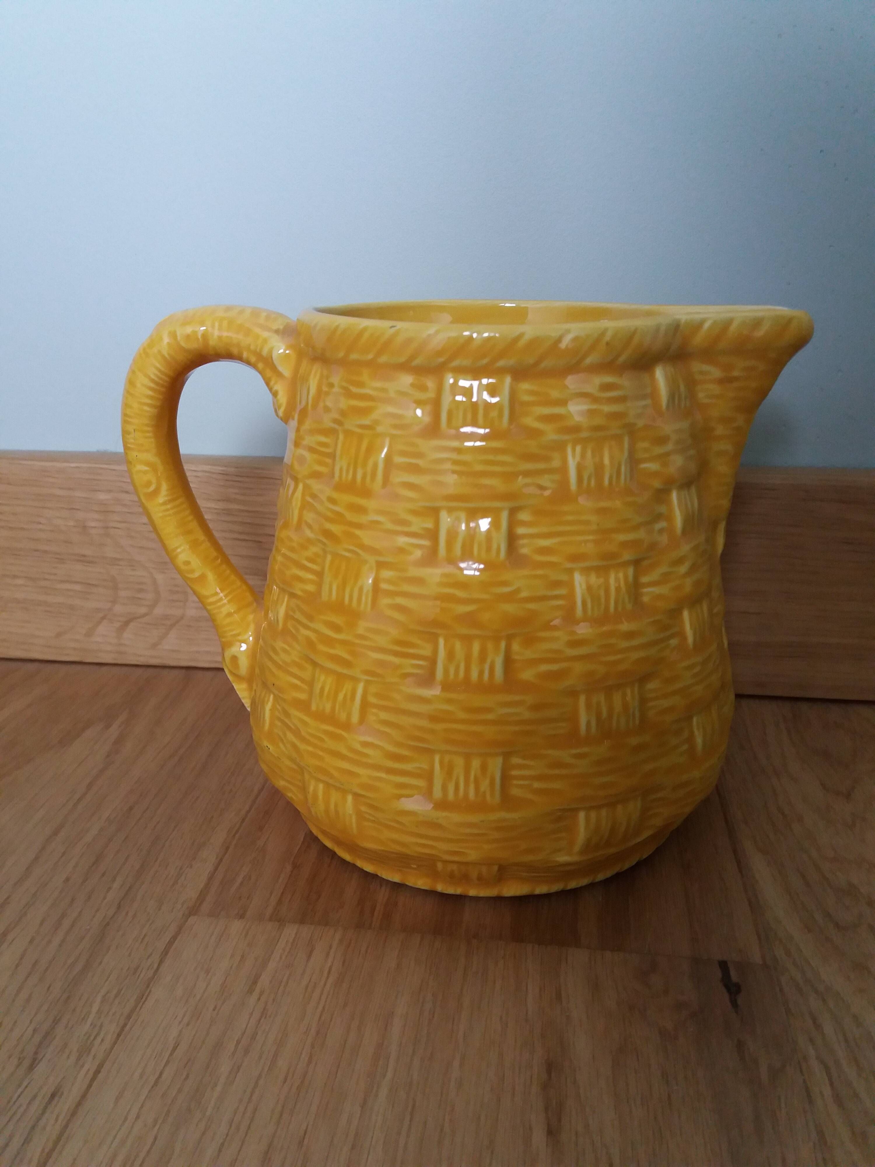 Digoin Sarreguemines barbotine pitcher with wicker decor