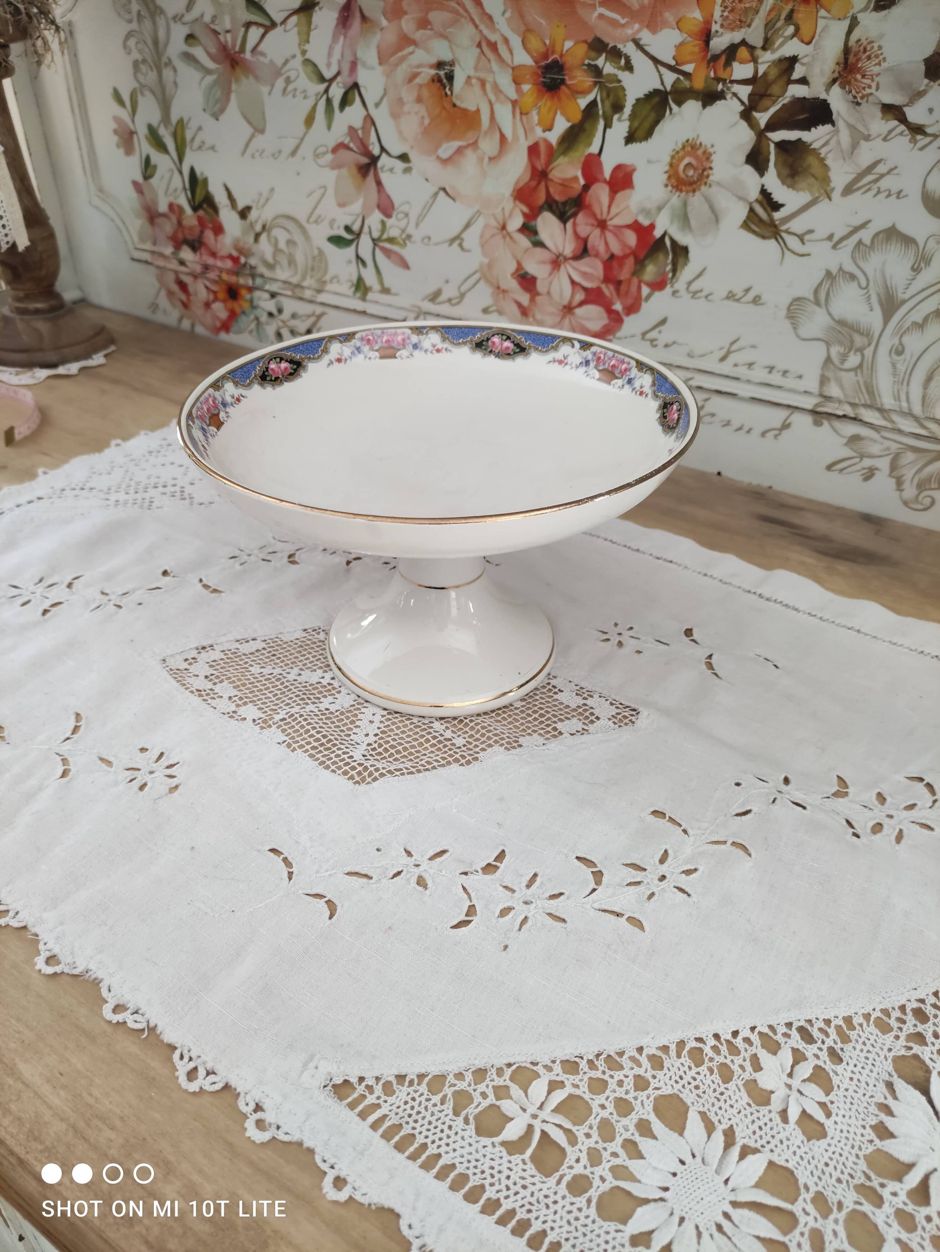 Compotier présentoir à gâteaux en faïence Digoin Sarreguemines frise paniers de roses
