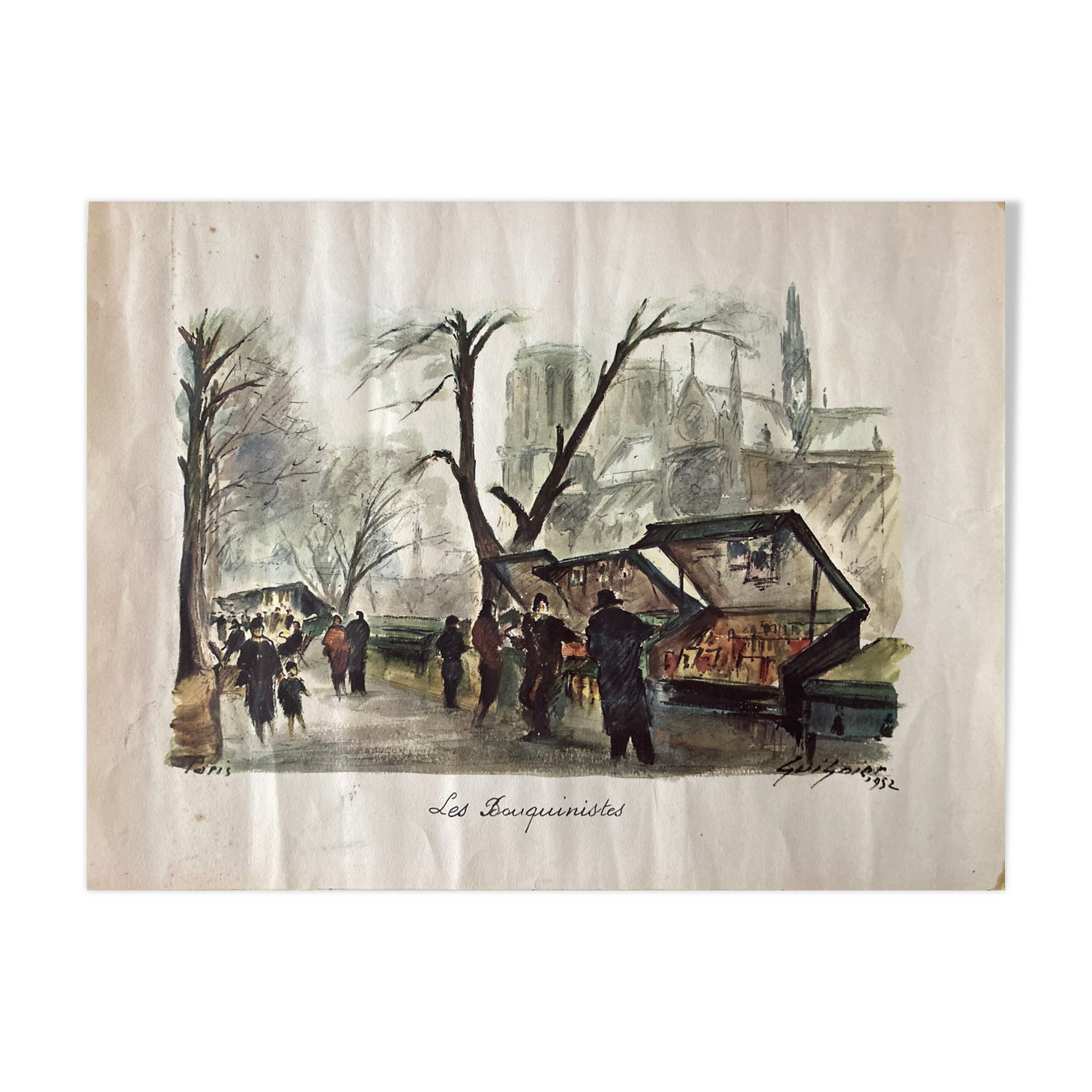 Old watercolor the booksellers F.Guignier