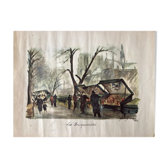 Old watercolor the booksellers F.Guignier