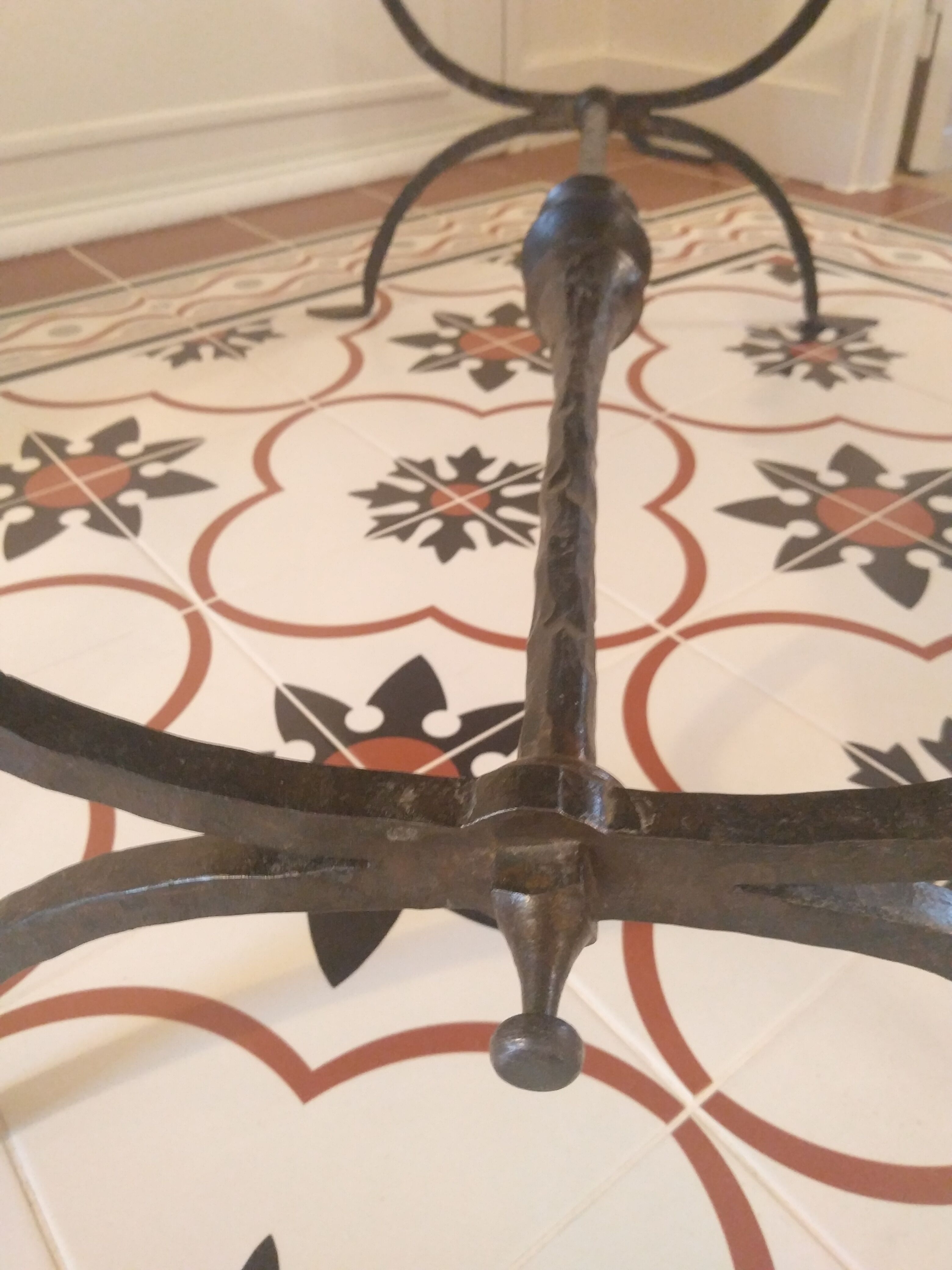 Coffee table, wooden top, wrought iron legs