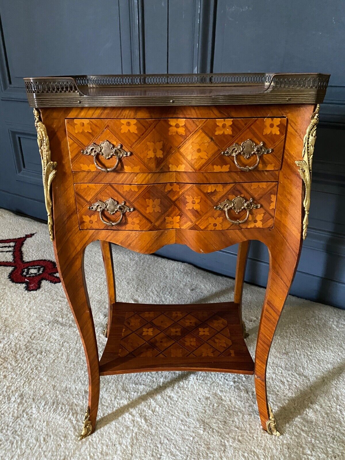 Pair of bedside tables Louis XV style marquetry with shamrocks and XXth bronze