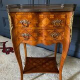 Pair of bedside tables Louis XV style marquetry with shamrocks and XXth bronze