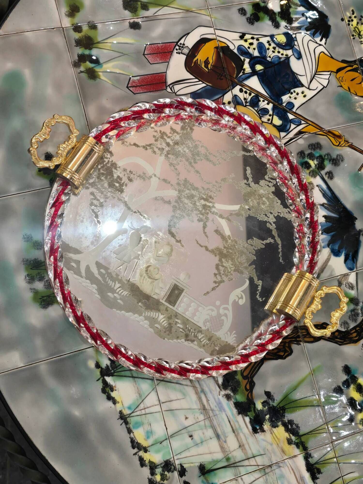 Engraved mirror plateau with twisted red and white glass border, Murano / Venice (c. 1940–1950)