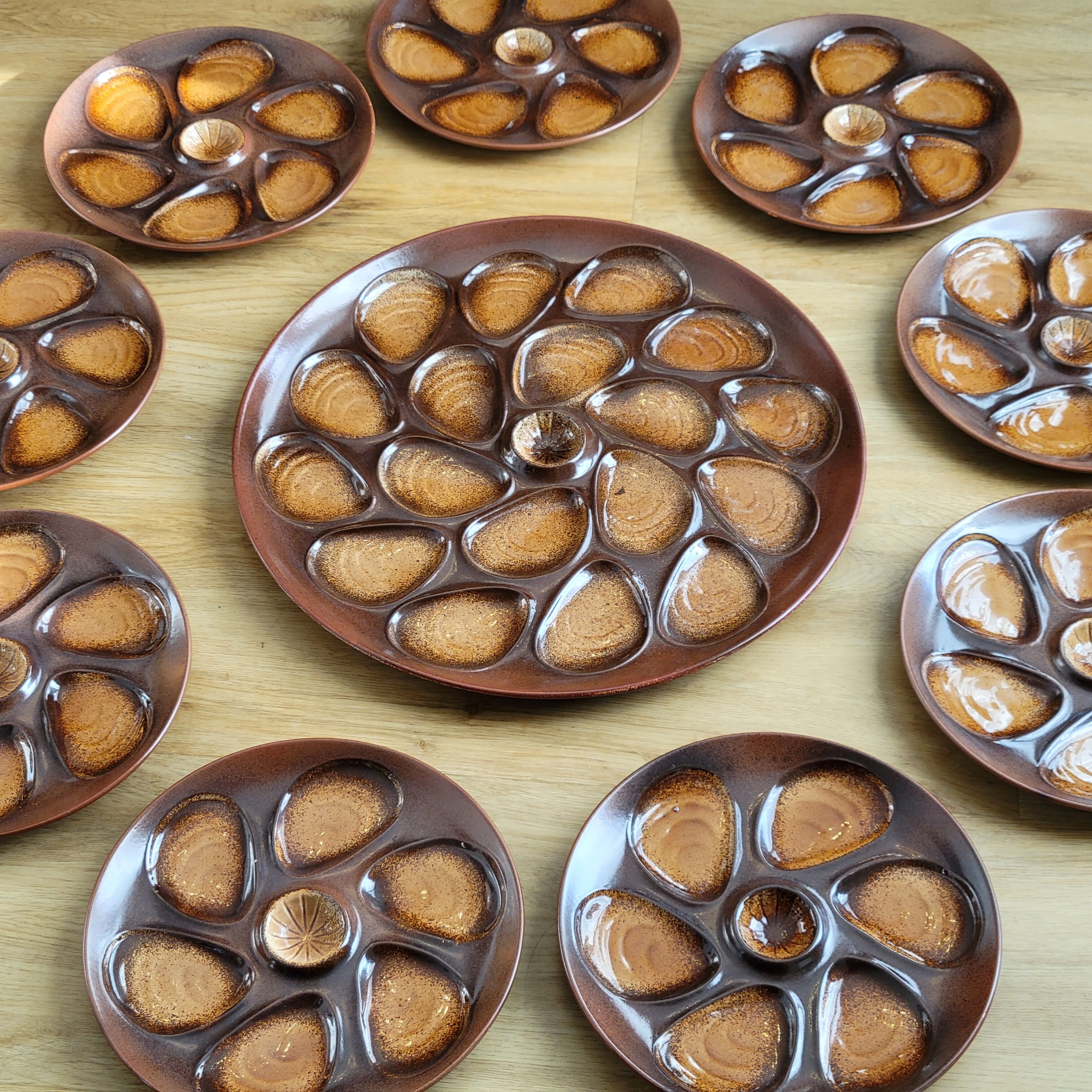 Vintage oyster service Salins earthenware France 9 plates and dish