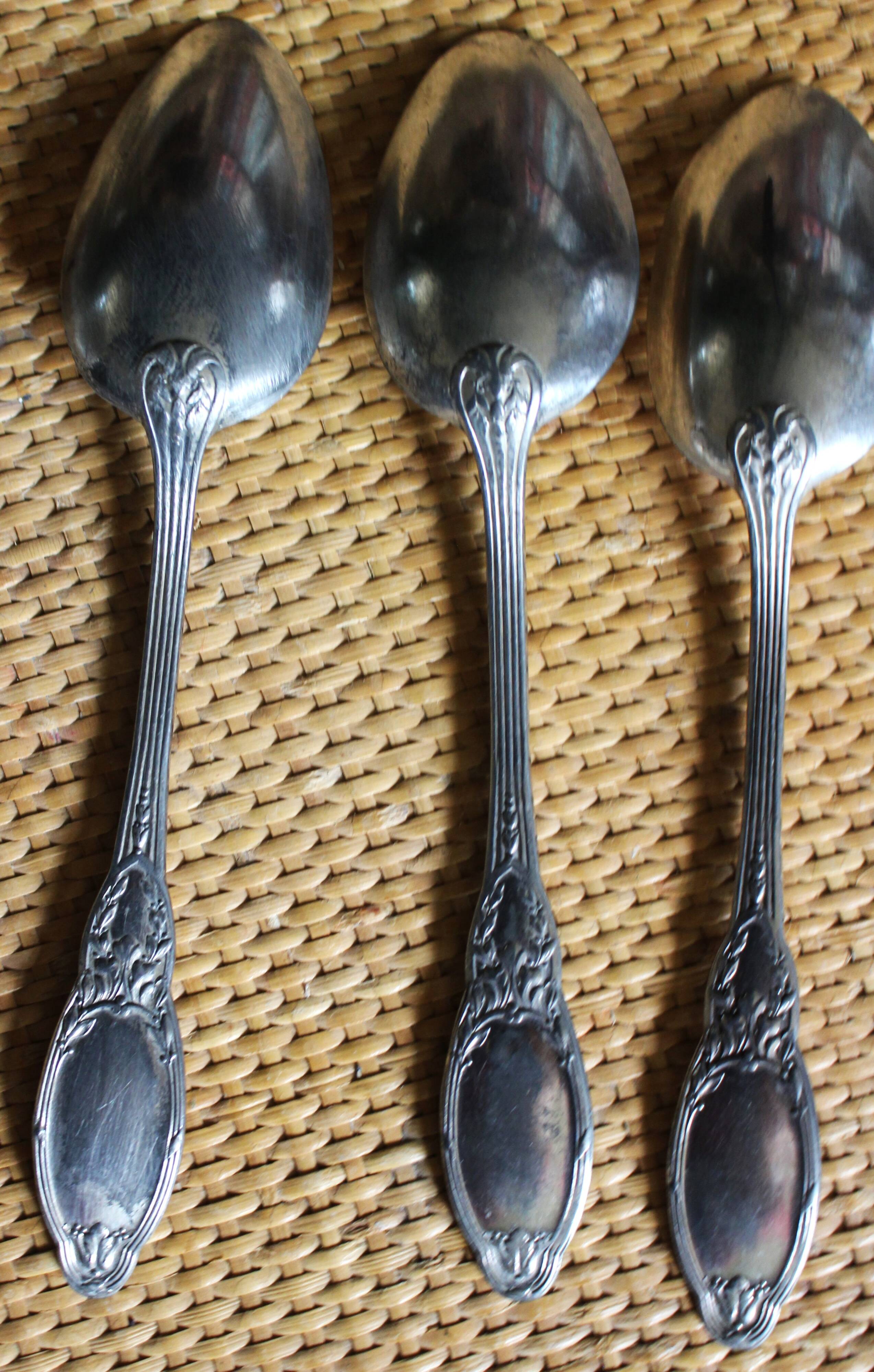 A set of 6 silver-plated metal soup spoons with foliage design.