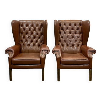 Pair of 1970s Chesterfield wingback chairs in brown leather