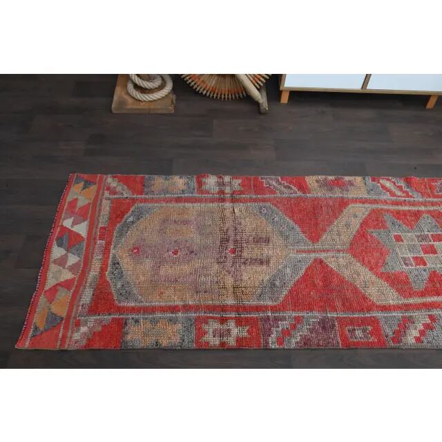 1970s Turkish Oushak Handmade Wool Cotton Red Runner Rug 86x344