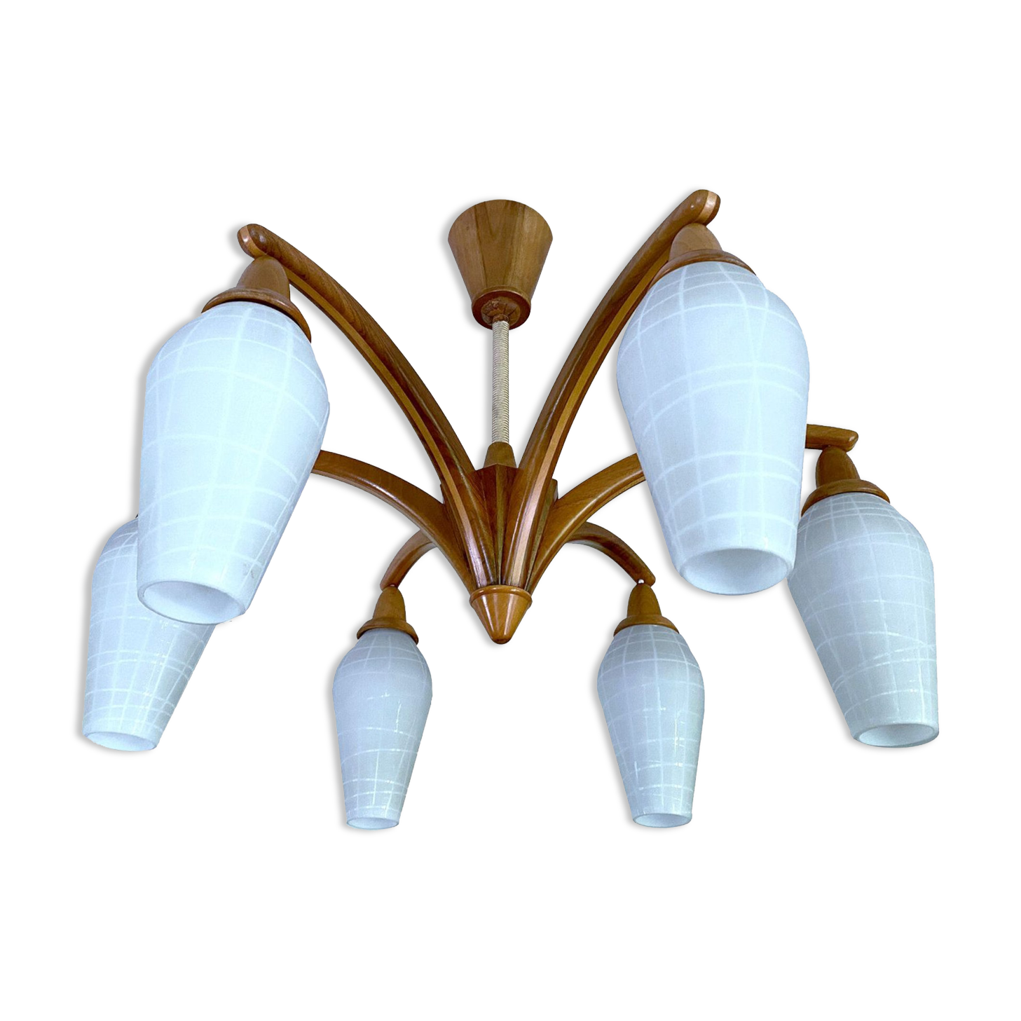 Vintage Pendant Lamp Scandinavian Temde, Wood and Opal Glass, 60s