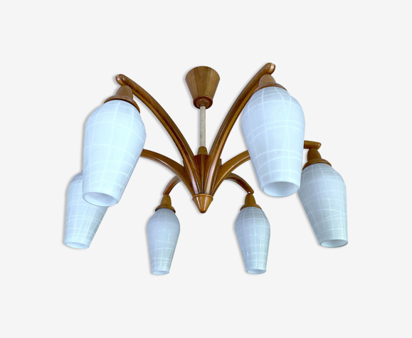 Suspension vintage Temde scandinave bois et verre opaline, années 60