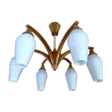 Vintage Pendant Lamp Scandinavian Temde, Wood and Opal Glass, 60s