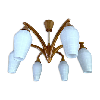 Vintage Pendant Lamp Scandinavian Temde, Wood and Opal Glass, 60s