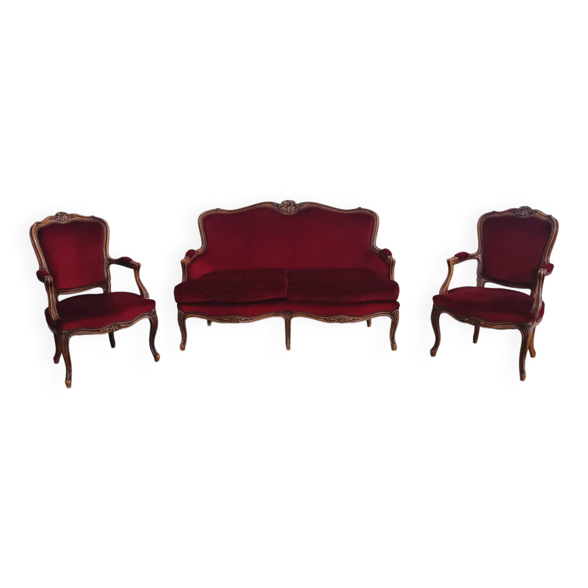 Ensemble banquette et 2 fauteuils style Louis XV en tissu rouge