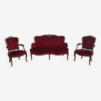 Ensemble banquette et 2 fauteuils style Louis XV en tissu rouge