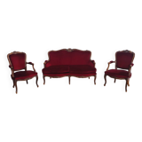 Ensemble banquette et 2 fauteuils style Louis XV en tissu rouge