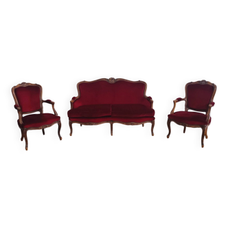 Ensemble banquette et 2 fauteuils style Louis XV en tissu rouge