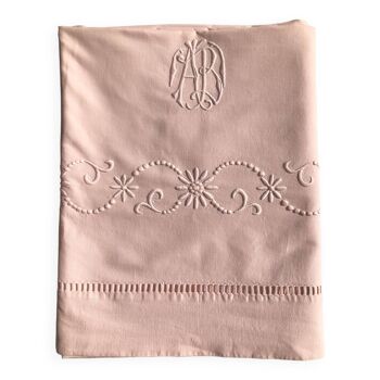 Drap ancien en lin et coton teinté en baby rose