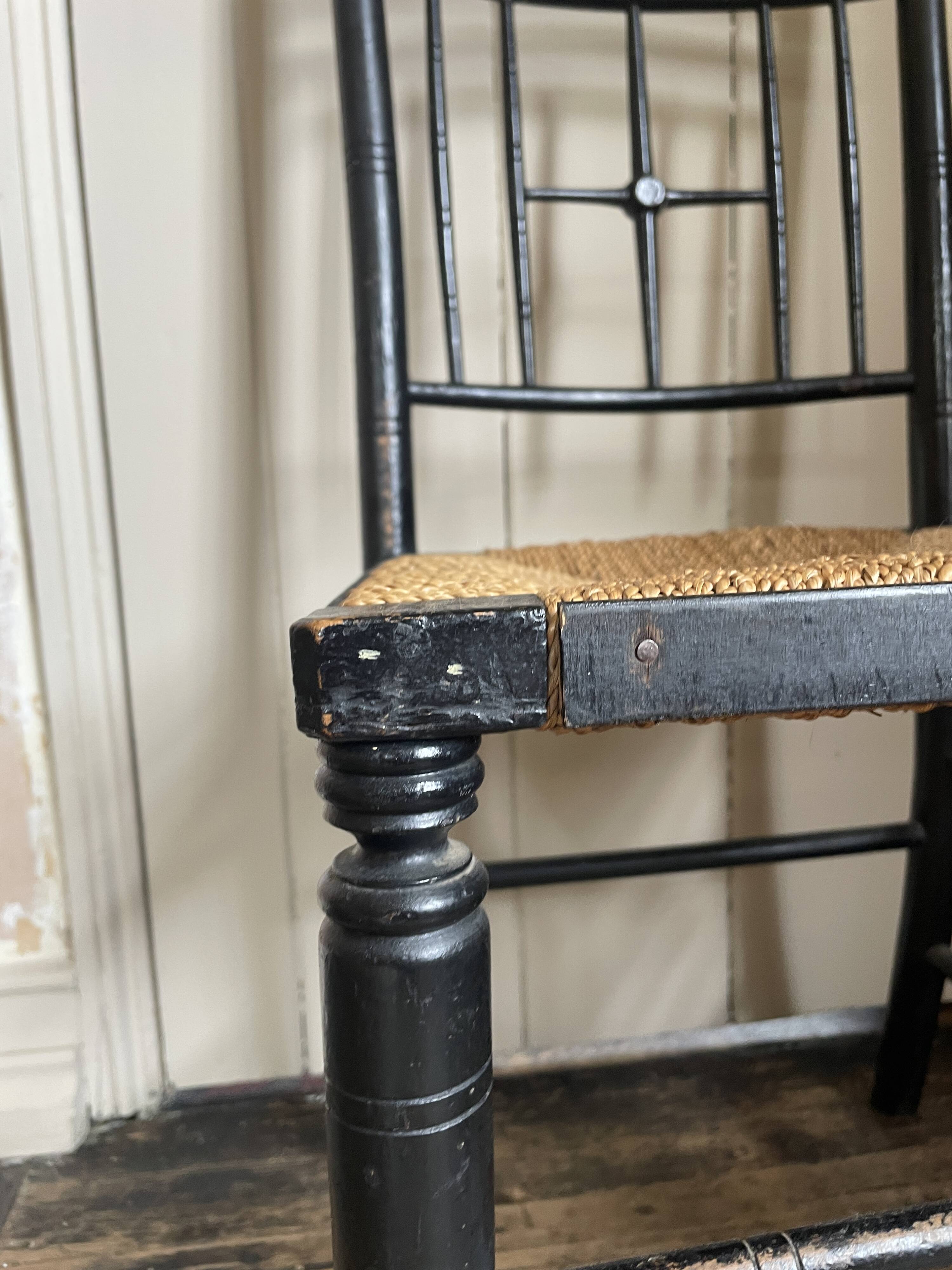 Arts & Crafts Ebonised Rush Seated Chair After a Design by Ford Madox Brown
