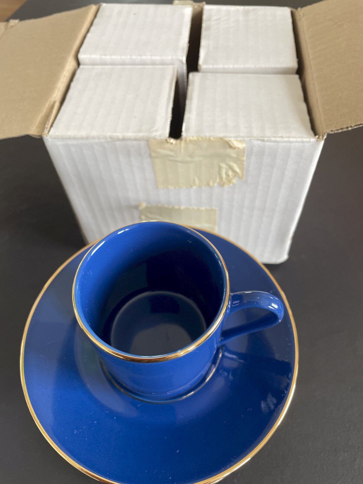 Set of 4 Guy Degrenne blue cups and saucers