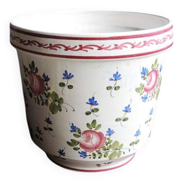 Ancien cache-pot en faïence décor floral peint main — Beyit