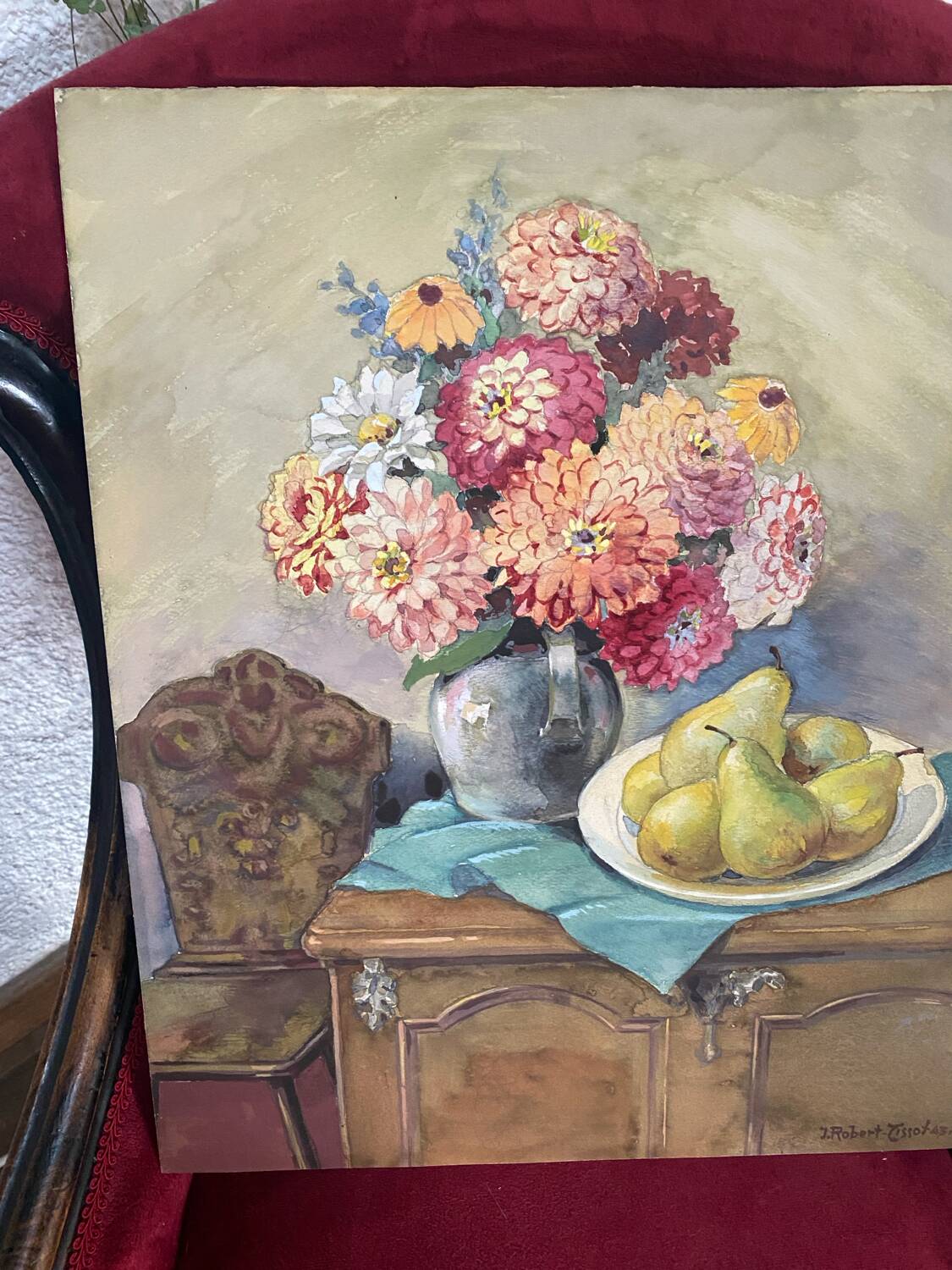 Antique watercolor still life on panel