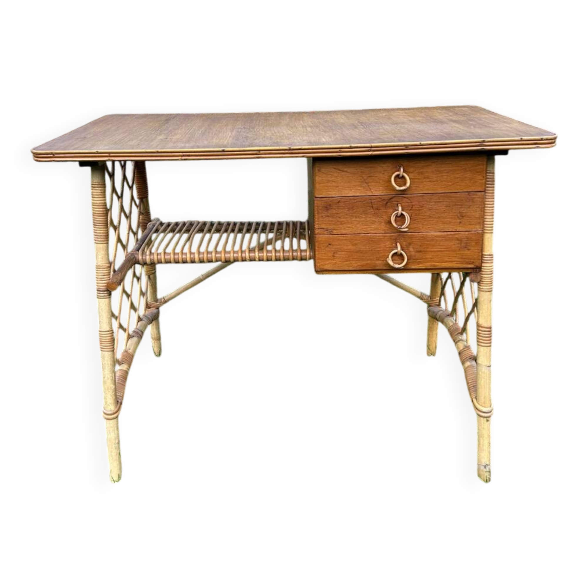 Vintage 1960 rattan desk by Louis Sognot