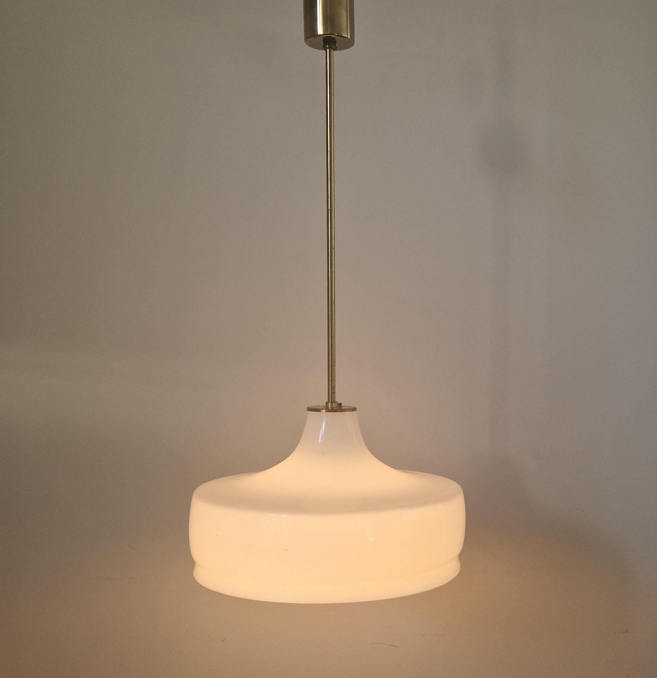 Rare Midcentury Brass and Milk Glass Pendant Kamenicky Senov, 1970s