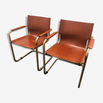 Paire fauteuils Cantilever cuir fauve vers 1970