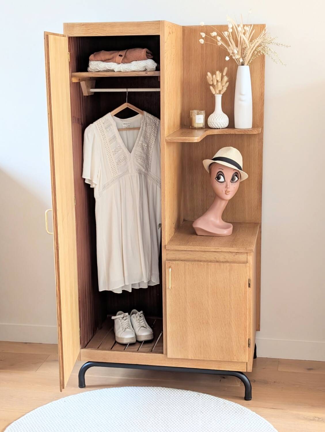 Renovated vintage 1950s oak boarding school wardrobe