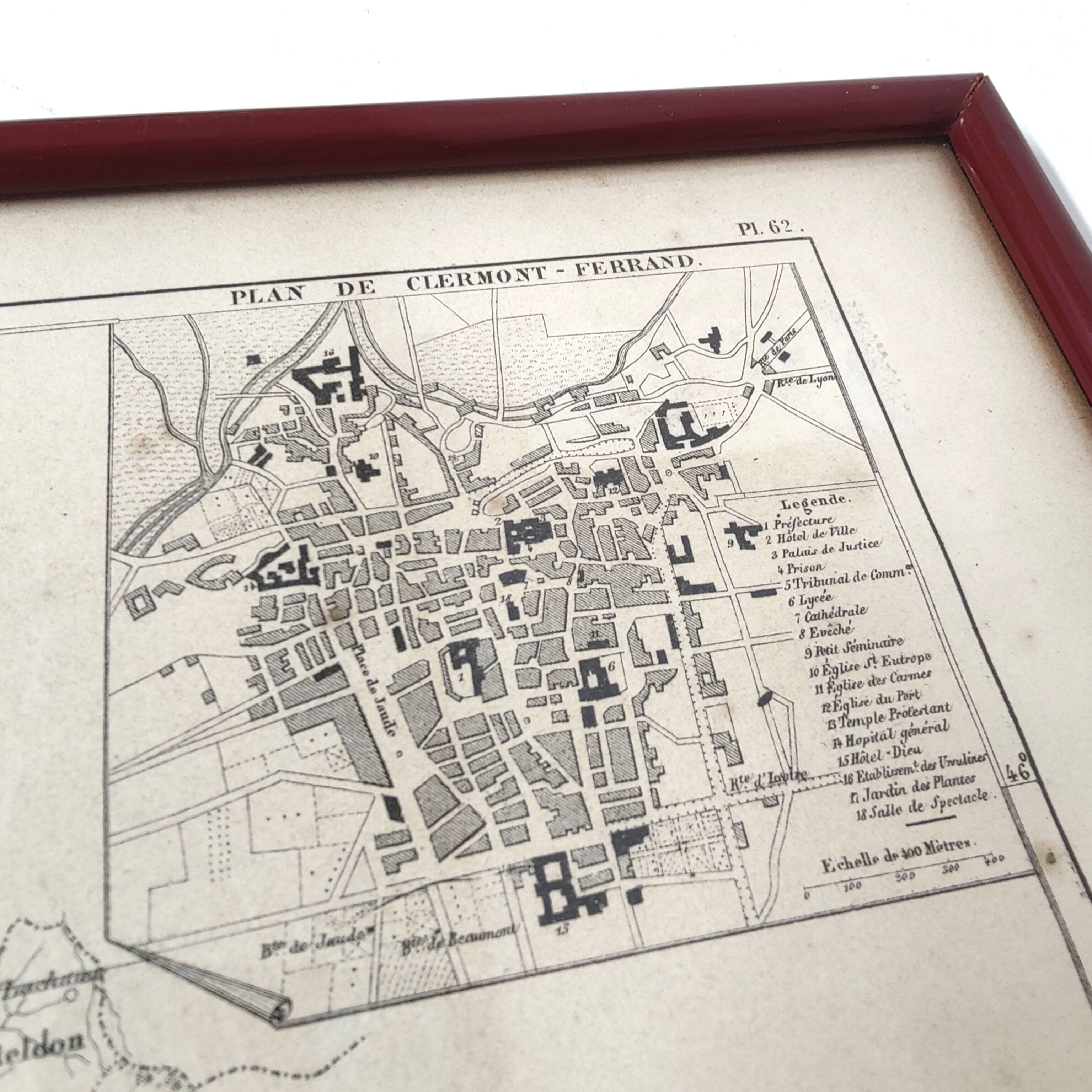 Auvergne Puy engraving map of dome wooden frame old plan of Clermont Ferrand